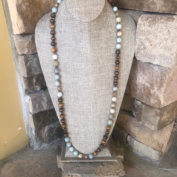 Amazonite and sandalwood beaded long 40” boho statement necklace hand crafted - Picture 3 of 3